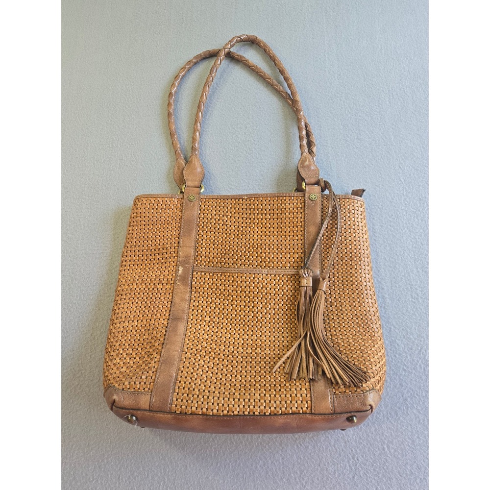 Patricia Nash Tote Bag Womens Medium Tan Leather Woven‎ Braided Tassel Shoulder
